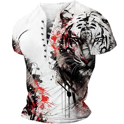 

Homens Camiseta Camisa Henley Gráfico Animal Tigre Henley Roupa Impressão 3D Diário Esportes Manga Curta Fivela Imprimir Moda Designer Vintage