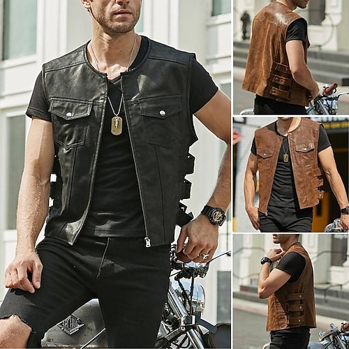 

Men's Vest Gilet Comfortable Daily Wear Vacation Going out Zipper Crew Neck Fashion Basic Casual Jacket Outerwear Plain Front Pocket Black Brown