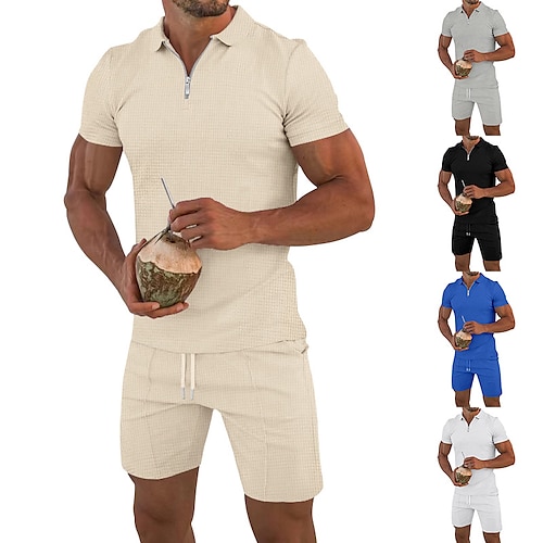 

Homens Camisa Polo Waffle Camiseta Polo Casual Feriado Lapela Quarter Zip Manga Curta Moda Básico Tecido Quarter Zip Verão Normal Preto Branco Azul Bege Cinzento Camisa Polo Waffle