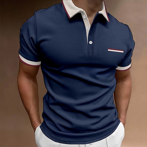 

Men's Polo Shirt Golf Shirt Business Casual Ribbed Polo Collar Short Sleeve Fashion Basic Solid Color Button Pocket Summer Regular Fit Black White Red Dark Navy Polo Shirt