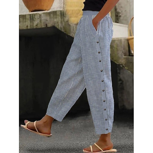 

Women's Pants Trousers Faux Linen Gray Fashion Casual Weekend Side Pockets Full Length Comfort Striped S M L XL 2XL