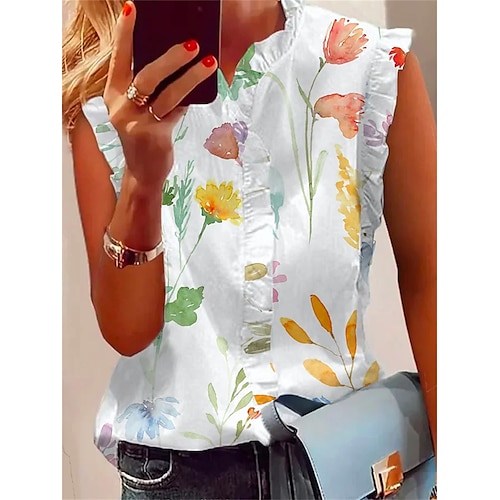 

Mulheres Malha Íntima Branco Floral Frufru Imprimir Manga Curta Casual Feriado Básico Decote V Longo Tema Flores S