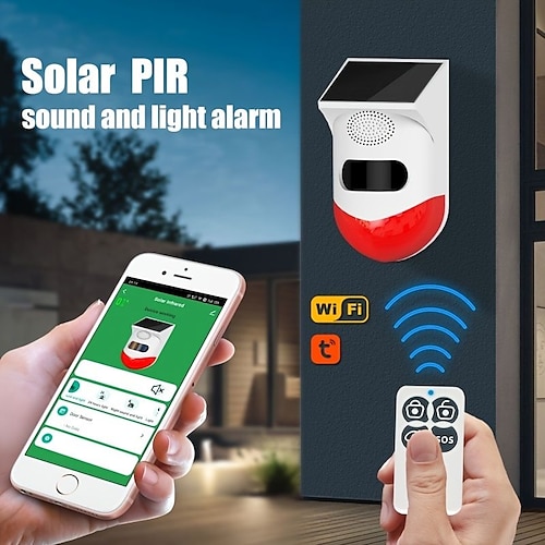 

Asegure su hogar con la alarma de energía solar graffiti wifi - detector de infrarrojos acústico-óptico para exteriores amperio; alarma impermeable de alto decibelio