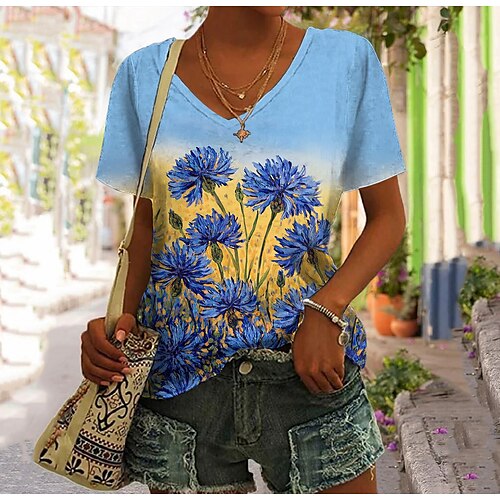 

Damen T Shirt Rosa Blau Purpur Blumen Bedruckt Kurzarm Festtage Wochenende Basic V Ausschnitt Standard Blume Farbe S