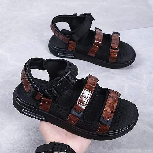 

Men's Sandals Flat Sandals Leather Sandals Fleece lined Vintage Roman Shoes Daily Beach Cycling Shoes Walking Shoes Faux Leather PU Waterproof Breathable Dark Brown Black Summer Spring