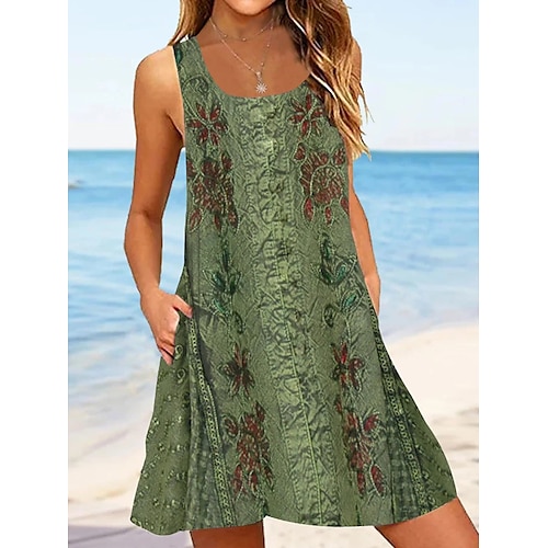 

Women's Casual Dress Tank Dress Summer Dress Graphic Print Crew Neck Mini Dress Fashion Classic Daily Holiday Sleeveless Loose Fit Light Green Light Brown Blue Summer Spring S M L XL XXL