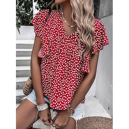 

Women's Shirt Blouse Black Red Blue Floral Ruffle Print Short Sleeve Casual Basic V Neck Regular Floral S