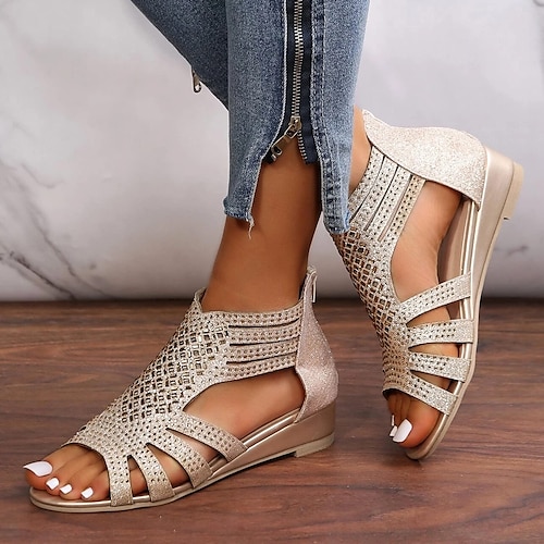 

Damen Sandalen Boho Sandalen mit Keilabsatz Keilabsätze Arbeit Gehen Sommer Strass Funkelnder Glitzer Reißverschluss Keilabsatz Modisch Vintage Elegant Wanderschuhe Glanz Reißverschluss Schwarz Gold