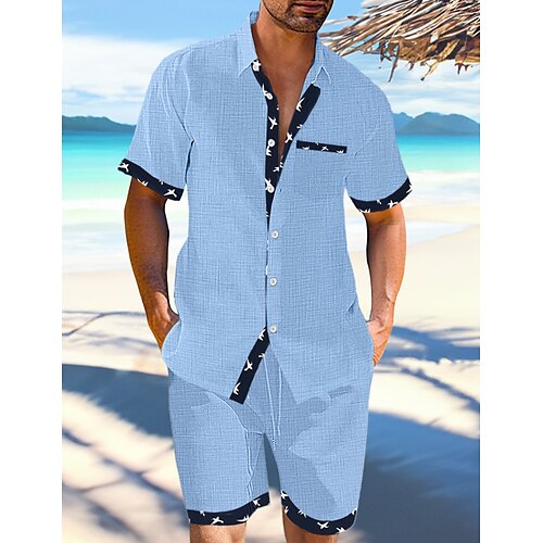 

Homens camisa de linho Conjunto de camisa camisa de verão camisa de praia Branco Azul Verde Manga Curta Bloco de cor Lapela Primavera Verão Havaiana Feriado Roupa Bolsos