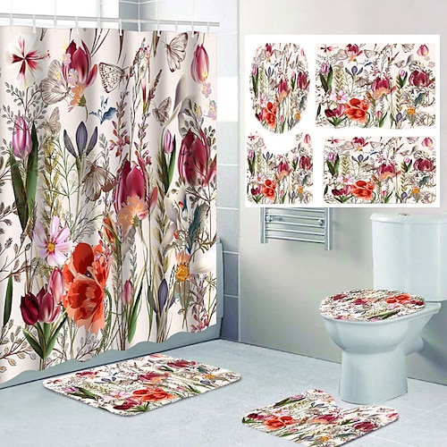 

Juego de cortinas de ducha de 4 piezas, juegos de baño de diseño de flores hermosas, decoración de baño moderna para el hogar con alfombra de baño en forma de u y tapete de cubierta de tapa de inodoro