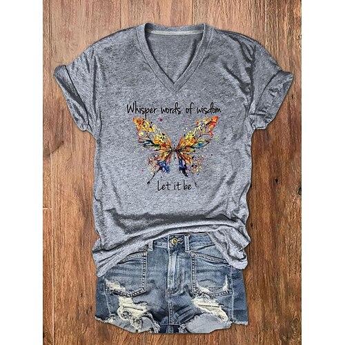 

T shirt Tee Femme Noir Gris Papillon Lettre Imprimer Manche Courte du quotidien Fin de semaine basique Col Rond Normal Standard Papillon Peinture S