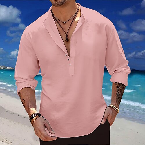 

Herren Hemd leinenhemd Popover-Shirt Sommerhemd Strandhemd Weiß Rosa Blau Langarm Glatt Henley Frühling Sommer Casual Täglich Bekleidung