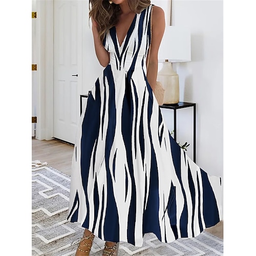 

Tenue décontractée Robe Évasée Robe Trapèze Femme Géométrique Bloc de couleur Poche Imprimer Col V Mode Vêtement de rue Extérieur du quotidien Sans Manches Standard Noir Blanche bleu marine Et