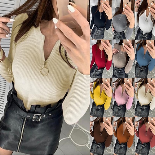 

Damen Pullover Strickwaren Gerippt Stricken Zip Feste Farbe Rundhalsausschnitt Stilvoll Brautkleider schlicht Täglich Ausgehen Sommer Frühling Schwarz Weiß Gelb S