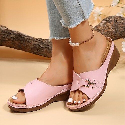 

Women's Sandals Slippers Mules Wedge Heels Plus Size Outdoor Slippers Outdoor Beach Summer Wedge Heel Elegant Casual Minimalism PU Loafer Solid Color Pink