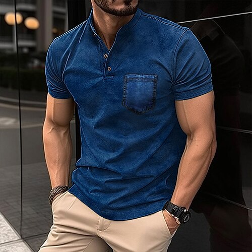 

Homme Chemise Henley Shirt T-shirt Plein Henley Plein Air Vacances Manches courtes Bouton Poche avant Vêtement Tenue Mode Design basique