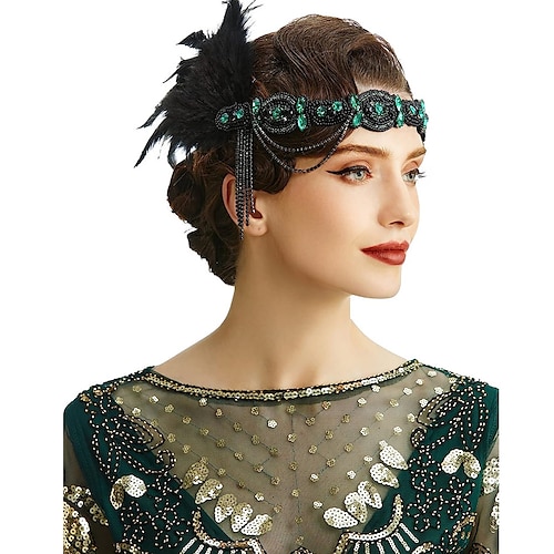 Fascia Anni '20 Flapper Con Cristalli E Perline - Copricapo Grande Gatsby Per Donna, Nero Con Dettagli Scintillanti