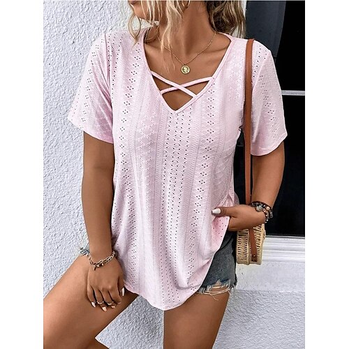 

Damen T Shirt Rosa Glatt Ausgeschnitten Kurzarm Täglich Wochenende Basic V Ausschnitt Standard S