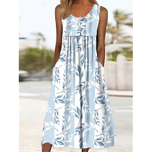 

Mulheres Vestido casual Vestido Tipo Regata Longa Vestido de verão Folha Listra Botão Imprimir Gola Redonda Vestido midi Moda Roupa de rua Ao ar livre Diário Sem Manga Ajuste Largo Azul Verão