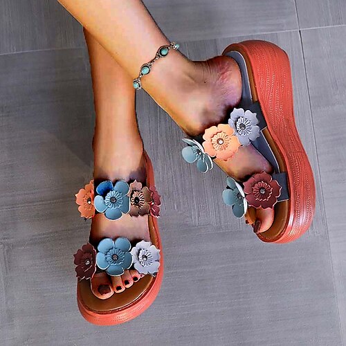 

Damen Sandalen Plateaupantoffeln Täglich Sommer Blume Keilabsatz Offene Spitze Vintage Wanderschuhe Mikrofaser Halbschuhe Orange Grün