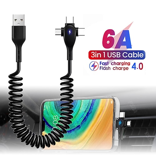 

USB C Cable Lightning Cable 66W 6ft USB A to USB C USB A to Lightning USB A to micro B 6 A Fast Charging 3 in 1 Retractable For Macbook iPad Samsung Phone Accessory