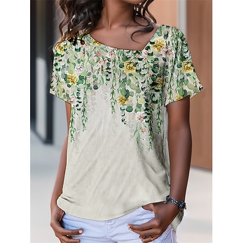 

T shirt Tee Femme Vert Claire Vert Floral Imprimer Manche Courte Vacances Fin de semaine basique Col V Normal Standard Fleur Peinture S