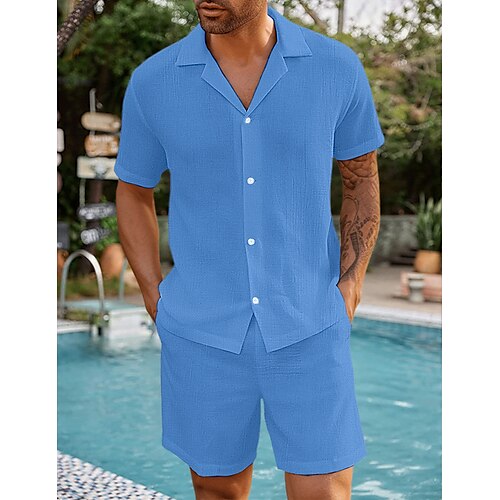 

Hombre camisa de lino Conjunto de camisa Camisa de verano Camisa de playa Negro Blanco Azul Piscina Manga Corta Plano cuello de campamento Primavera verano Hawaiano Festivos Ropa 2 Piezas