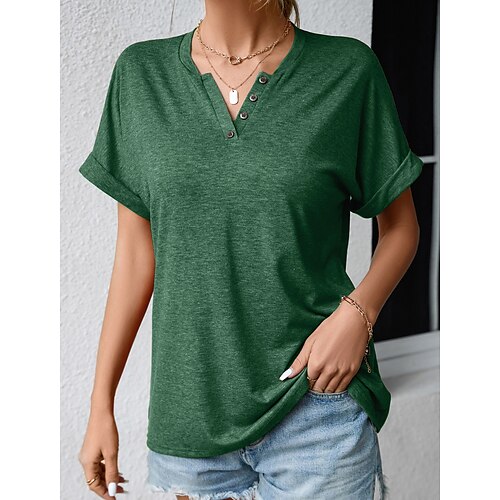 

Women's T shirt Tee Green Khaki Dark Gray Plain Button Short Sleeve Daily Weekend Basic V Neck Regular S