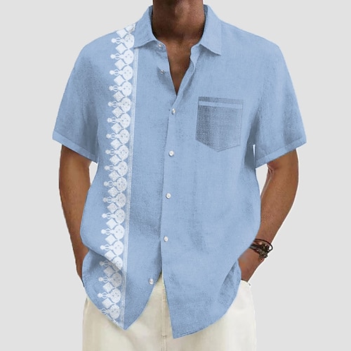 

Homens Camisa Social camisa de linho Camisa havaiana Estampas Abstratas Geometria Aberto para a Lateral Verde Azulado Branco Rosa Azul Verde Ao ar livre Rua Manga Curta Imprimir Roupa Linho Esportes