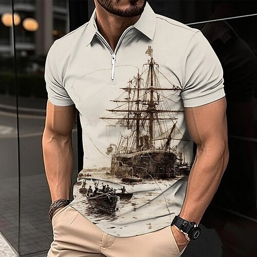 

Herren Zip Polo Revers-Polo Poloshirt Golfhemd Grafik-Drucke Vintage Segelboot Umlegekragen Blau Khaki Outdoor Strasse Kurze Ärmel Zip Bedruckt Bekleidung Modisch Designer Brautkleider schlicht