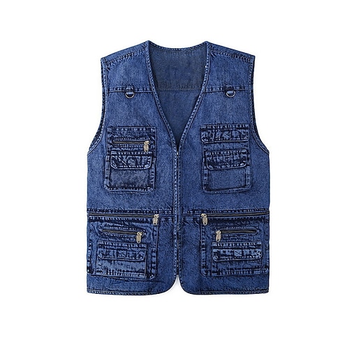 

Hombre Chaleco Chaqueta de mezclilla Cómodo Deporte Pesca Cremallera Escote en Pico Moda Vintage Básico Chaqueta Ropa de calle Plano Múltiples bolsillos Negro Azul