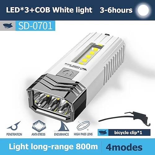 

lanterna de tubarão recarregável à prova d'água - 3 leds luz de trabalho de emergência ao ar livre de alta potência lanterna de acampamento para bicicletas