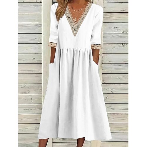 

Robe casual Robe en coton et lin Femme Robe mi-longue Mélange de Coton basique Classique Extérieur du quotidien Col V Patchwork Poche Demi Manches Eté Printemps Automne 2023 Ample Blanche Plein S M L