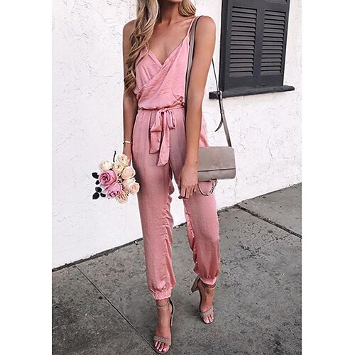 

Women's Jumpsuit Solid Color V Neck Elegant Daily Going out Regular Fit Sleeveless Black Pink Red S M L Summer