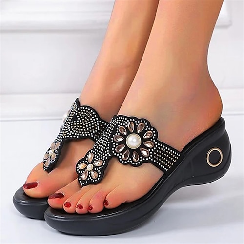 

Women's Slippers Wedge Sandals Flip-Flops Plus Size Outdoor Beach Wedge Heel Elegant Casual Satin Loafer Black Blue Gold