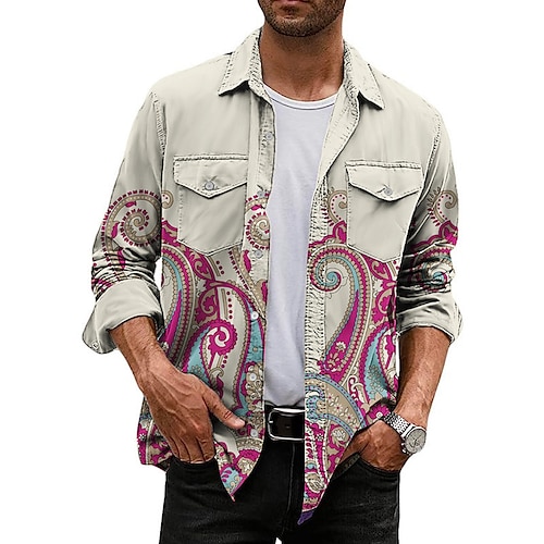 

Homme Chemise Cachemire Imprimés Photos Rétro Vintage Col rabattu Fuchsia Gris Extérieur Plein Air manche longue Imprimer Vêtement Tenue Mode Vêtement de rue Design Respirable