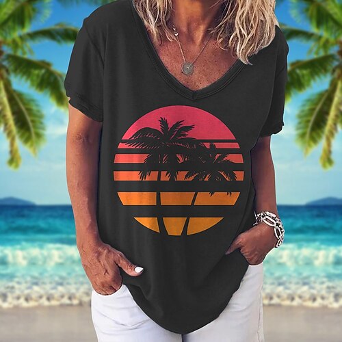 

Damen T Shirt Schwarz Gelb Rosa Pflanzen Bedruckt Kurzarm Festtage Wochenende Hawaiianisch V Ausschnitt Standard Blume Farbe S