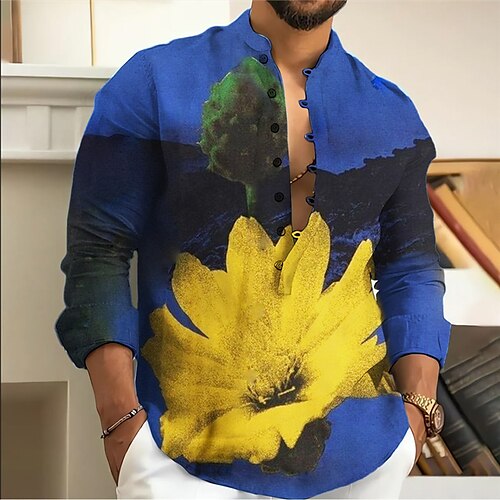 

Hombre Camisa camisa de lino Floral Estampados Escote Chino Azul Piscina Verde Trébol Gris Exterior Calle Manga Larga Estampado Ropa Lino Moda Ropa de calle Design Casual