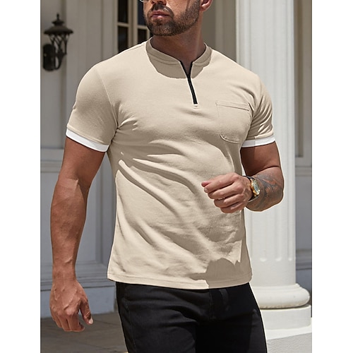 

Homens Camiseta T-shirt Tecido Quarter Zip Rua Férias Manga Curta Bolso frontal Roupa Moda Designer Básico