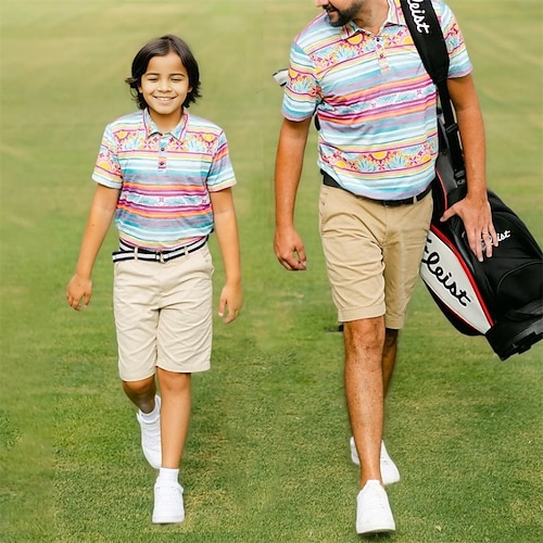 

Homens Mulheres Camisa polo de caminhada polo combinando Camisa de golfe Respirável Secagem Rápida Pavio Humido Manga Curta Roupas de golfe Roupas familiares combinando Normal Riscas Verão Tênis