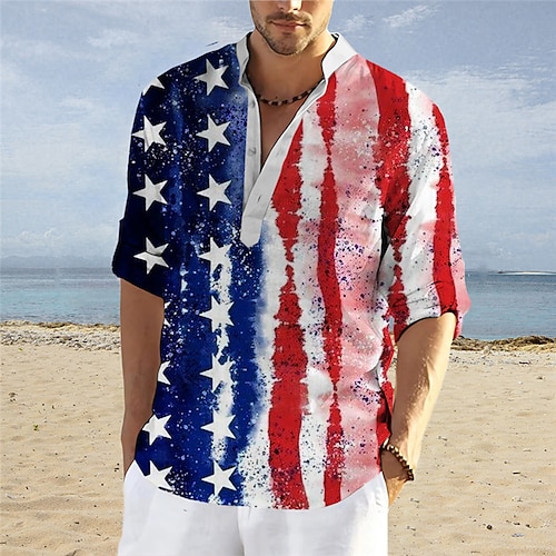 

Hombre Camisa camisa de lino Estampados Bandera estadounidense Escote Chino Rojo Azul Marino Azul Piscina Exterior Calle Manga Larga Estampado Ropa Lino Moda Ropa de calle Design Casual