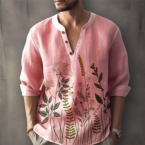 Men's Shirt Linen Shirt Floral Graphic Prints Stand Collar Pink Blue Khaki  Gray Outdoor Street Long Sleeve Print Clothing Apparel Linen Fashion  Streetwear Desig… in 2023