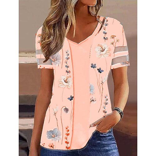 

Mulheres Camiseta Branco Rosa Laranja Floral Imprimir Manga Curta Feriado Final de semana Básico Decote V Padrão Tema Flores Pintura S