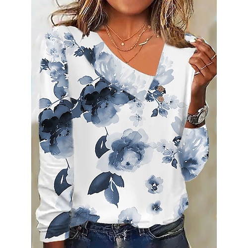 

T shirt Tee Femme Blanche Rose Claire bleu marine Floral Imprimer manche longue Vacances Fin de semaine basique Col V Normal Standard Fleur Peinture S