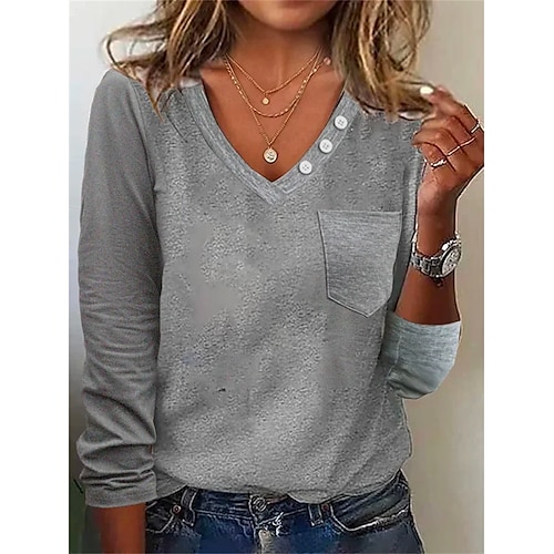 

Mujer Camiseta Blanco Gris Plano Manga Larga Diario Fin de semana Básico Escote en Pico Regular S