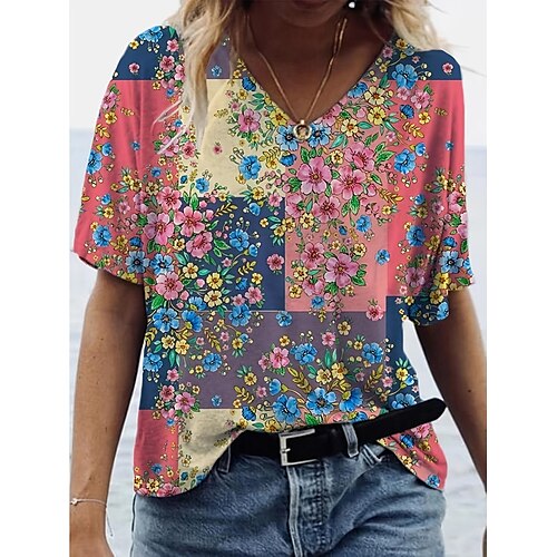 

Mulheres Camiseta Blusa Rosa Floral Imprimir Manga Curta Casual Feriado Básico Decote V Padrão Tema Flores S