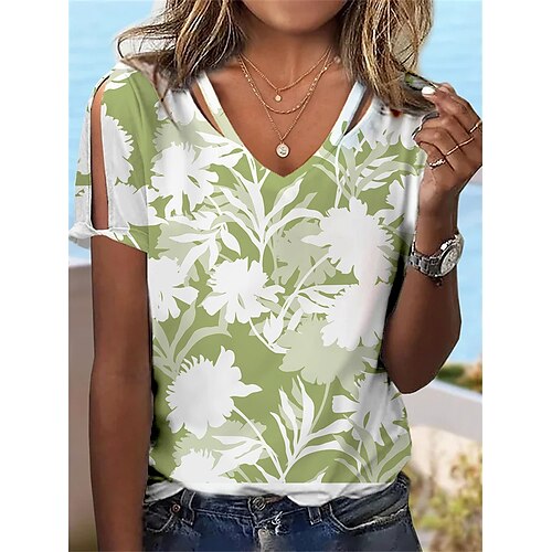 

T shirt Tee Femme Rose Claire Vert Floral Découpé Imprimer Manche Courte Vacances Fin de semaine basique Col V Normal Standard Fleur Peinture S