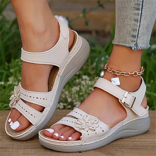 

Femme Sandales Sandales Compensées Chaussures de confort Grandes Tailles du quotidien Fleur Hauteur de semelle compensée Bout ouvert Décontractées Minimalisme Cuir Lanière de cheville Couleur unie