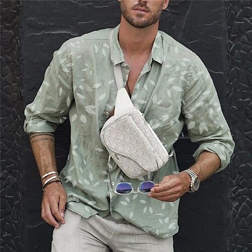 

Men's Shirt Linen Shirt Graphic Prints Leaves Turndown Blue Green Outdoor Street Long Sleeve Print Clothing Apparel Linen Fashion Streetwear Designer Casual