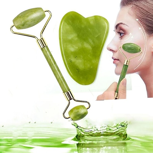 

rolo de jade natural guasha raspador de pele conjunto facial pedra endurecimento rosto anti-envelhecimento olhos inchados massageador pescoço anti-rugas